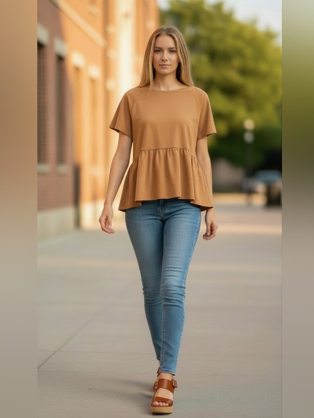 Shein Pumpkin Solid High Low Peplum Ruffle Hem Blouse Misses 2XL